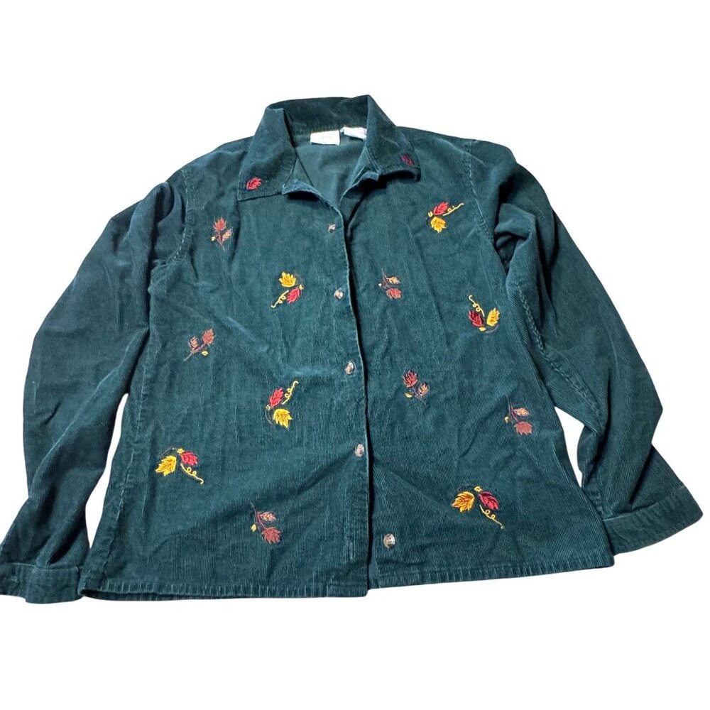 Vintage Bobbie Brooks Green Corduroy Floral Embroidered Shirt Long Sleeves Butto